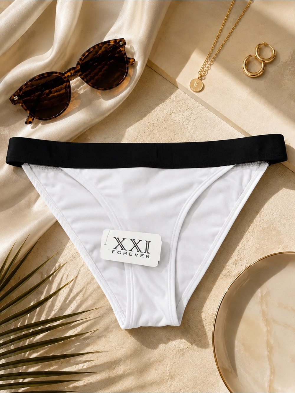 Forever 21 White Sporty Bikini Bottom Black Waistband NWT